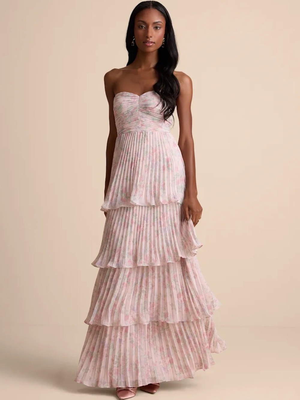 Lulu's Seriously Sensational Blush Floral Strapless Tiered Maxi Dress